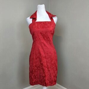 Vintage 1990s Newport News Halter Dress Red Floral Collar Siren Open Back Size 6